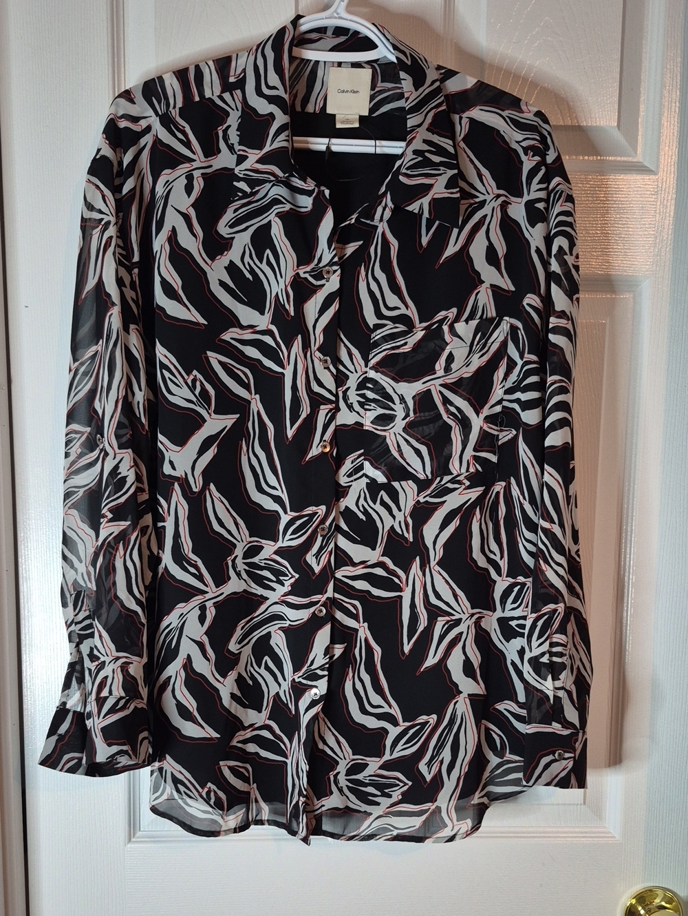 Calvin Klein Button Blouse Size Large Black With White And Red Floral Print